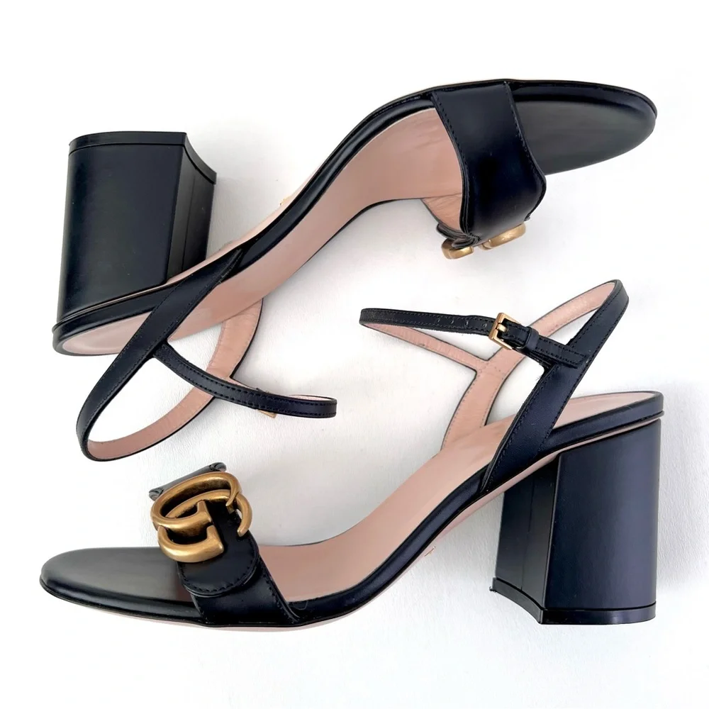 GUCCI | Marmont Double GG Black Leather Mid Heel Block Sandal EU 37.5 US 7.5 - Picture 8 of 14
